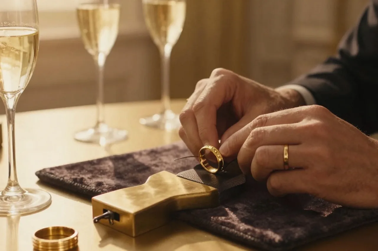 Mains d'orfèvre façonnant un anneau d'or sur un établi sombre