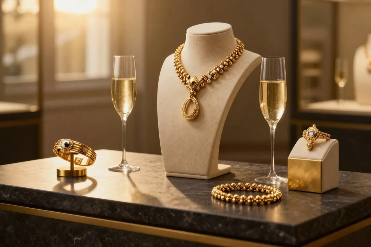 Présentation de pièces de joaillerie sur pierre sombre