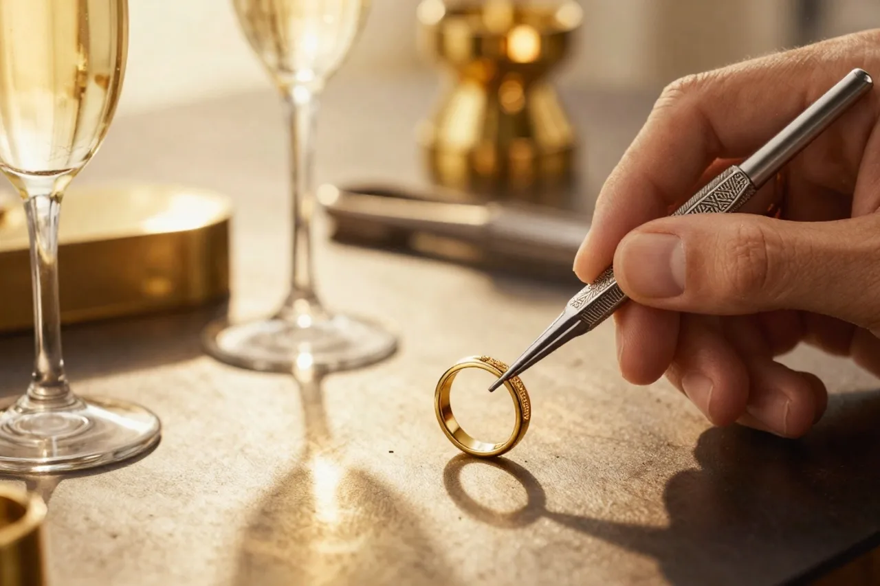 Anneau d'or gravé à la main sous lumière chaude