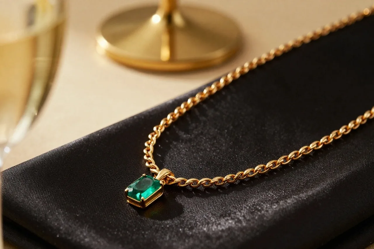 Collier d'or terminé avec émeraude sur soie noire