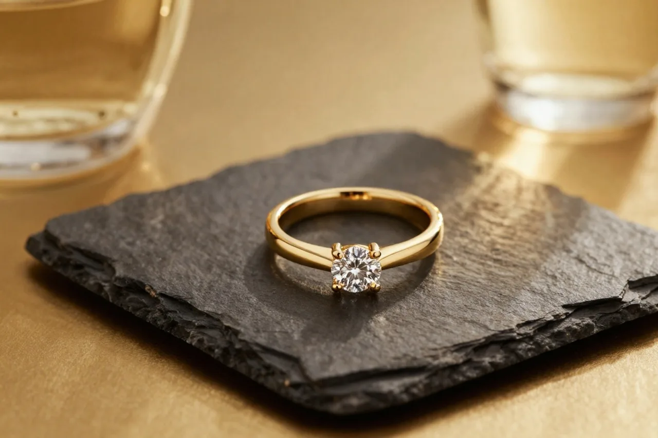 Bague de fiançailles en or avec diamant sur ardoise