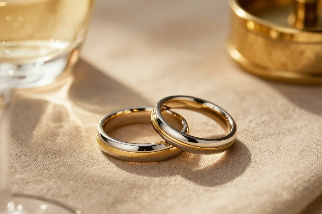 Deux alliances en or et platine sur lin brut