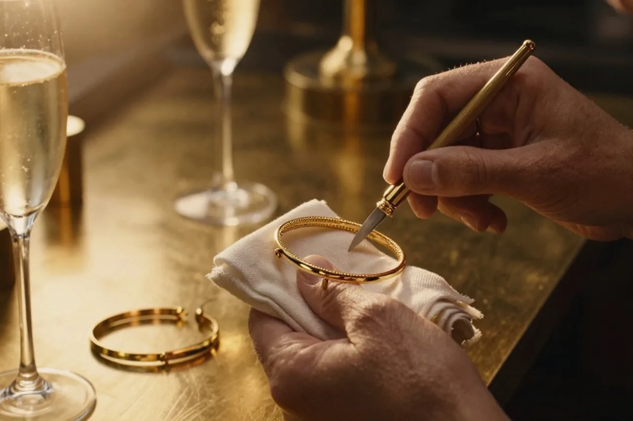 Orfèvre polissant un bracelet en or dans l'atelier